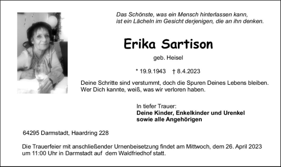 Traueranzeige von Erika Sartison von Darmstädter Echo