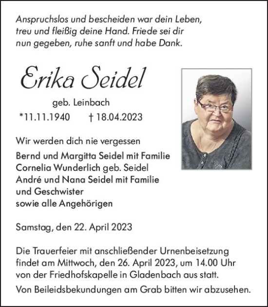 Traueranzeige von Erika Seidel von Hinterländer Anzeiger
