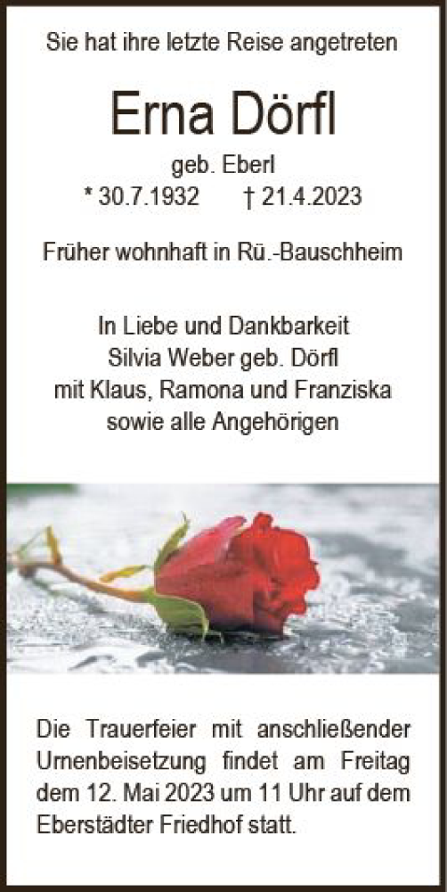  Traueranzeige für Erna Dörfl vom 29.04.2023 aus Rüsselsheimer Echo