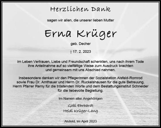Traueranzeige von Erna Krüger von Oberhessen Kurier