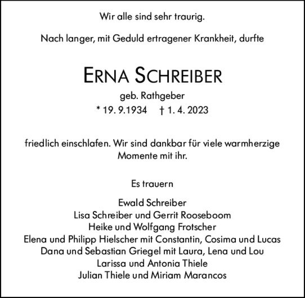  Traueranzeige für Erna Schreiber vom 15.04.2023 aus Darmstädter Echo