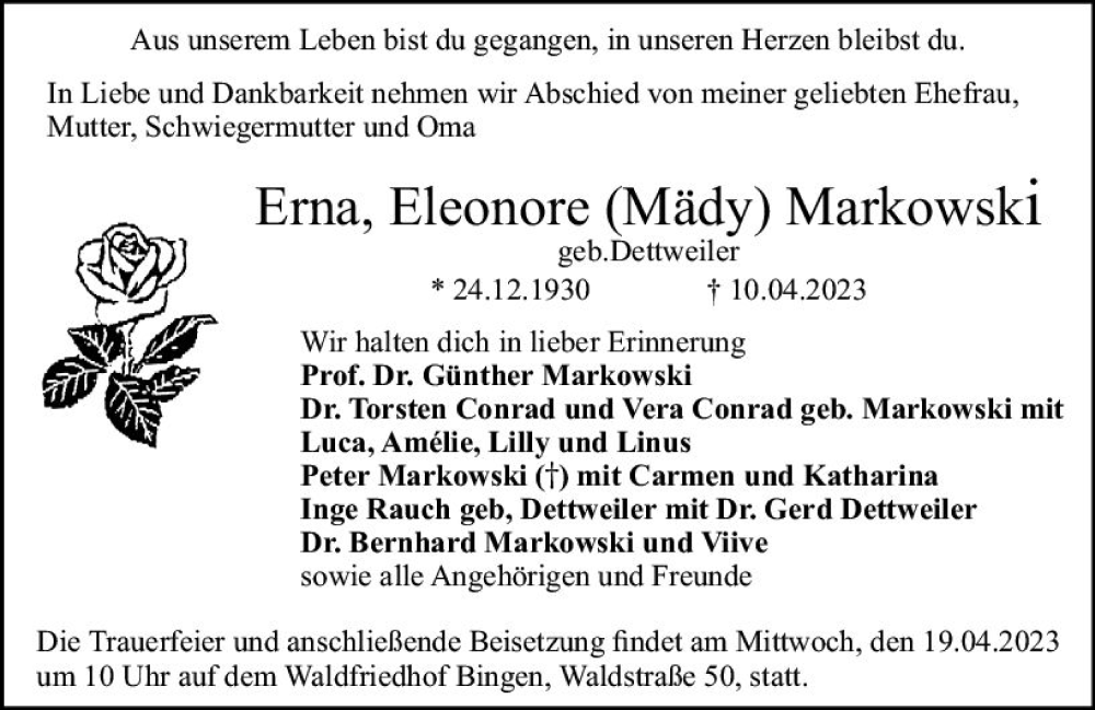  Traueranzeige für Erna Eleonore Markowski vom 15.04.2023 aus Allgemeine Zeitung Bingen/Ingelheim