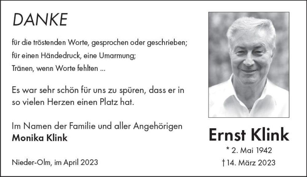  Traueranzeige für Ernst Klink vom 15.04.2023 aus Groß-Gerauer Echo