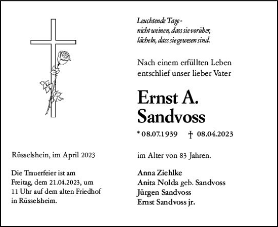 Traueranzeige von Ernst A. Sandvoss von Rüsselsheimer Echo