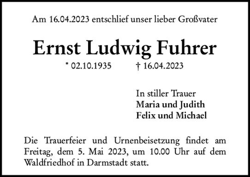  Traueranzeige für Ernst Ludwig Fuhrer vom 29.04.2023 aus Darmstädter Echo