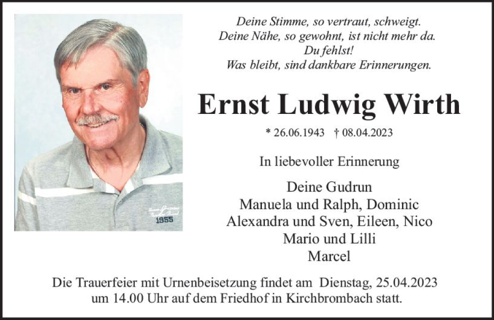 Traueranzeige für Ernst Ludwig Wirth vom 22.04.2023 aus Odenwälder Echo