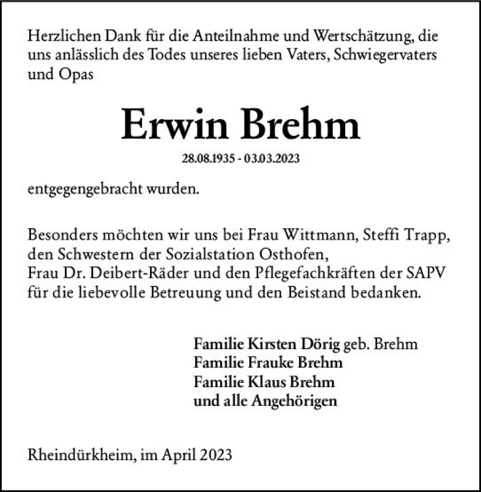  Traueranzeige für Erwin Brehm vom 29.04.2023 aus Wormser Zeitung