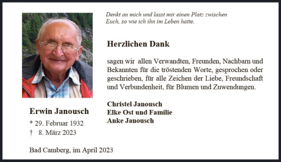 Traueranzeige von Erwin Janousch von Camberger Anzeiger