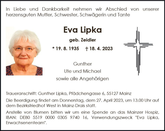 Traueranzeige von Eva Lipka von Allgemeine Zeitung Mainz