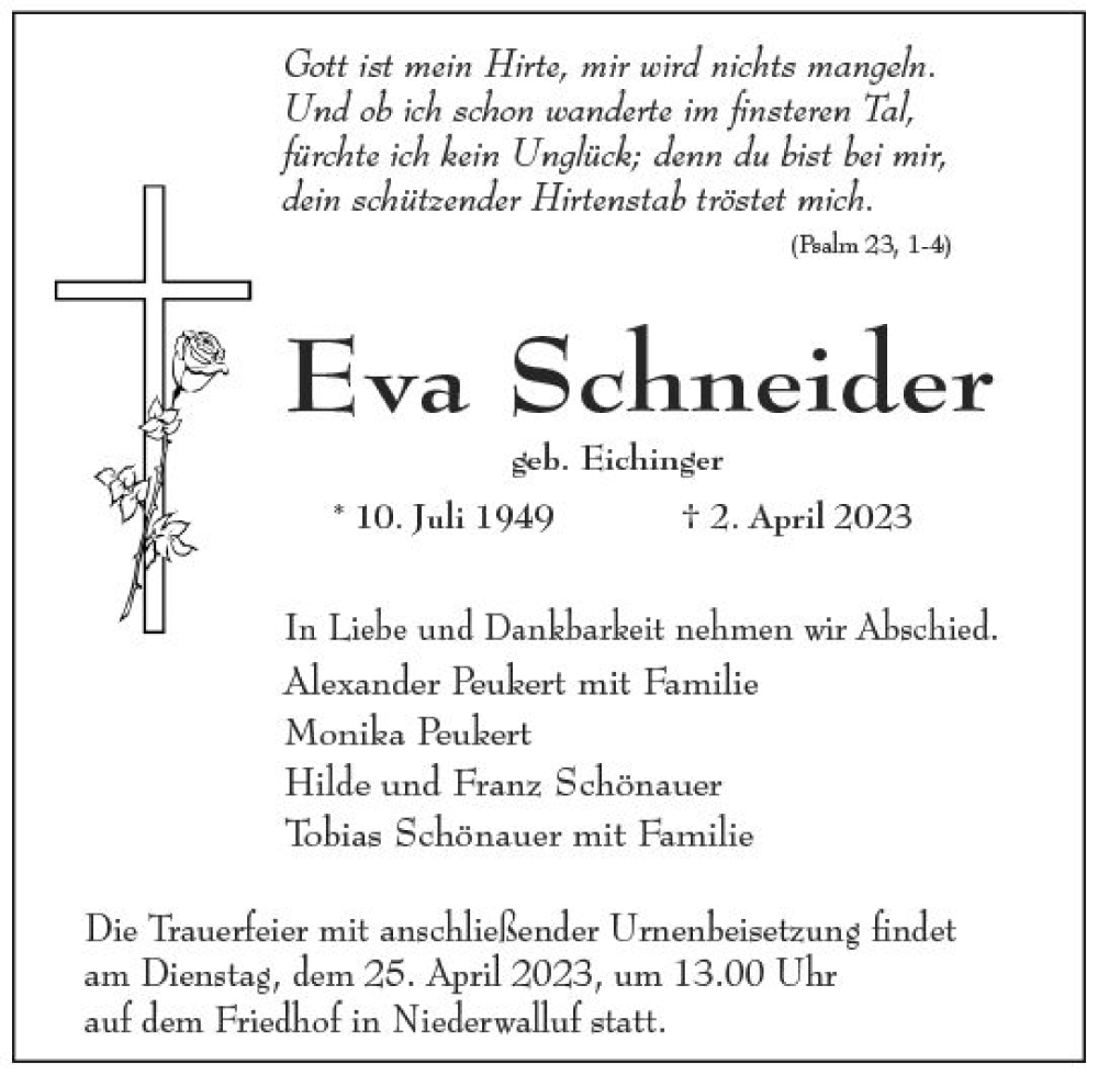  Traueranzeige für Eva Schneider vom 15.04.2023 aus Wiesbadener Kurier