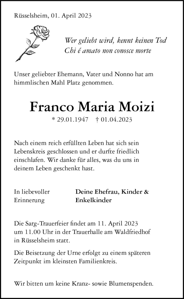 Traueranzeige für Franco Maria Moizi vom 08.04.2023 aus Rüsselsheimer Echo