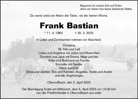 Traueranzeige von Frank Bastian von Dill Block