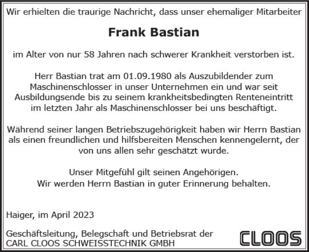  Traueranzeige für Frank Bastian vom 05.04.2023 aus Dill Block