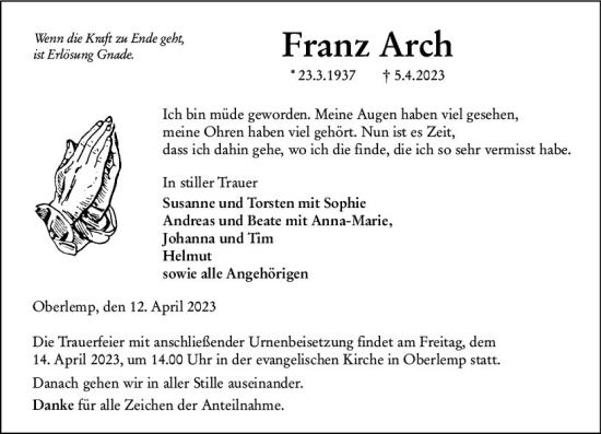 Traueranzeige von Franz Arch von Wetzlarer Neue Zeitung