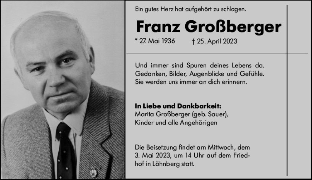  Traueranzeige für Franz Großberger vom 29.04.2023 aus Weilburger Tageblatt
