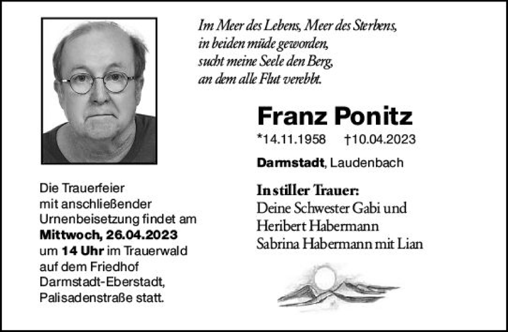  Traueranzeige für Franz Ponitz vom 22.04.2023 aus Darmstädter Echo