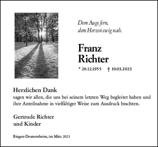 Traueranzeige von Franz Richter von Bingen/Ingelheim WOBL inkl. Neue Binger Ztg.