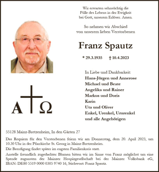 Traueranzeige von Franz Spautz von Allgemeine Zeitung Mainz
