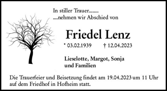 Traueranzeige von Friedel Lenz von Starkenburger Echo