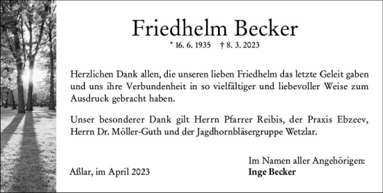 Traueranzeige von Friedhelm Becker von Wetzlarer Neue Zeitung
