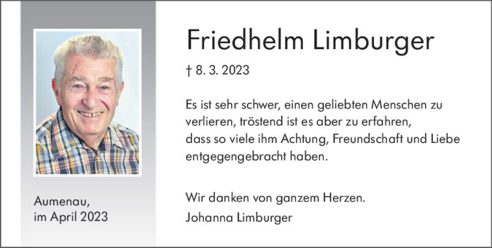  Traueranzeige für Friedhelm Limburger vom 15.04.2023 aus Weilburger Tageblatt