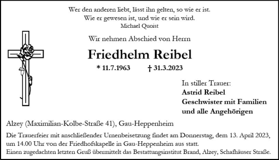 Traueranzeige von Friedhelm Reibel von Allgemeine Zeitung Alzey