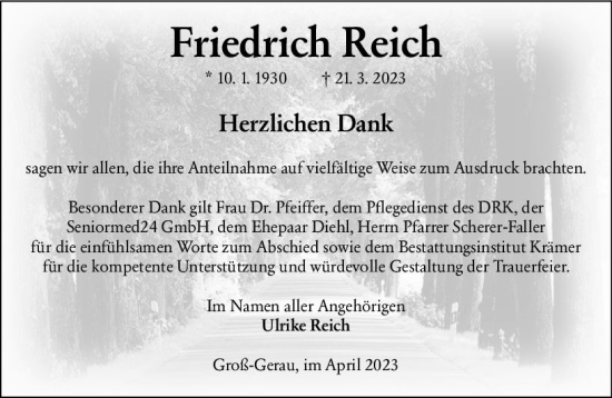Traueranzeige von Friedrich Reich von Groß-Gerauer Echo