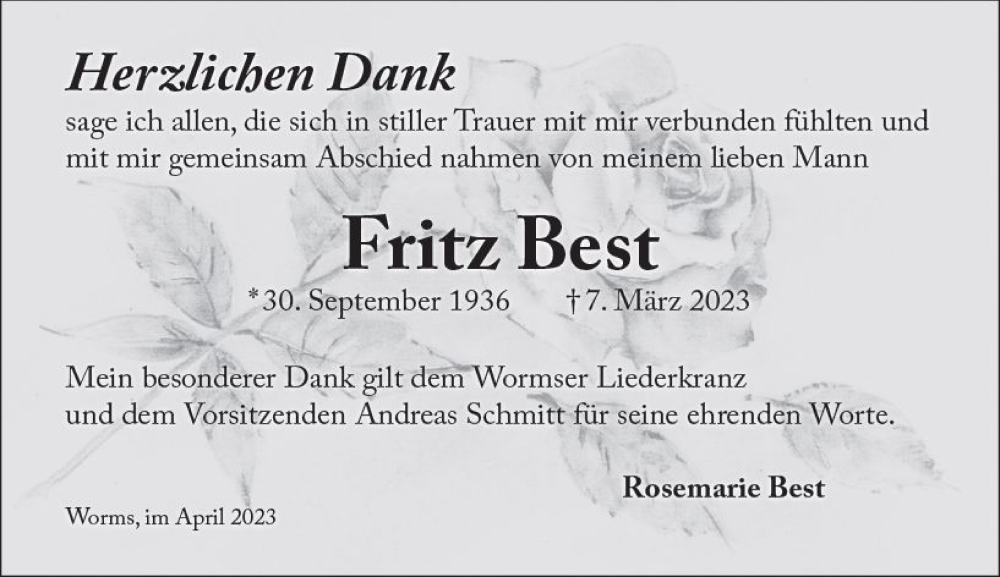  Traueranzeige für Fritz Best vom 22.04.2023 aus Wormser Zeitung
