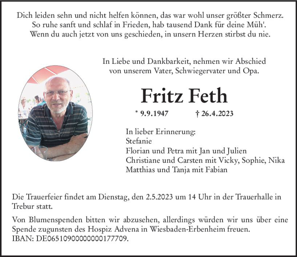  Traueranzeige für Fritz Feth vom 29.04.2023 aus Rüsselsheimer Echo