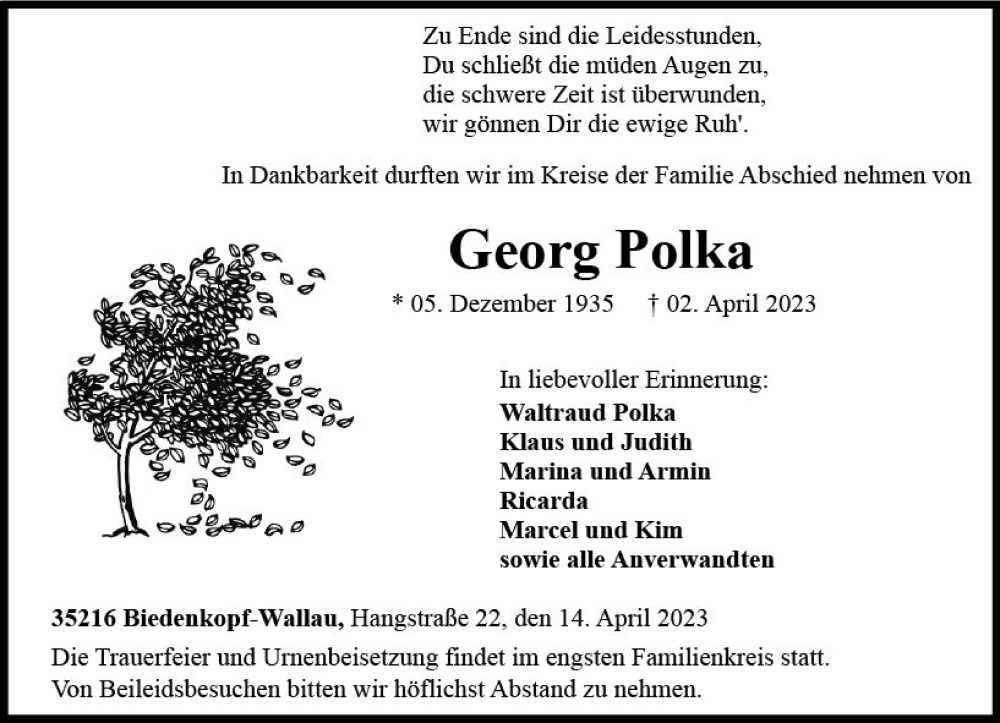  Traueranzeige für Georg Polka vom 14.04.2023 aus Hinterländer Anzeiger