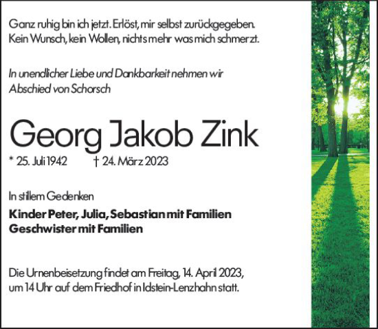 Traueranzeige von Georg Jakob Zink von Odenwälder Echo