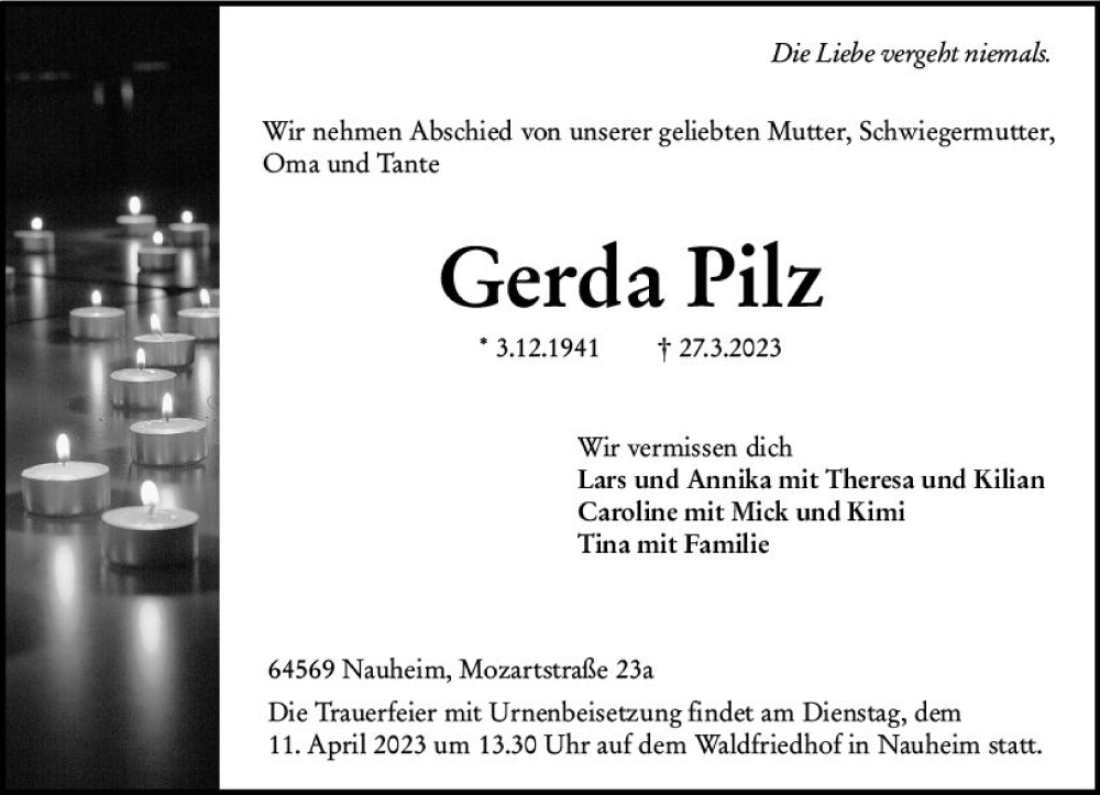  Traueranzeige für Gerda Pilz vom 08.04.2023 aus Rüsselsheimer Echo