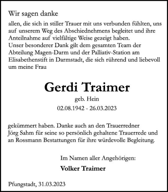 Traueranzeige von Gerdi Traimer von Darmstädter Echo