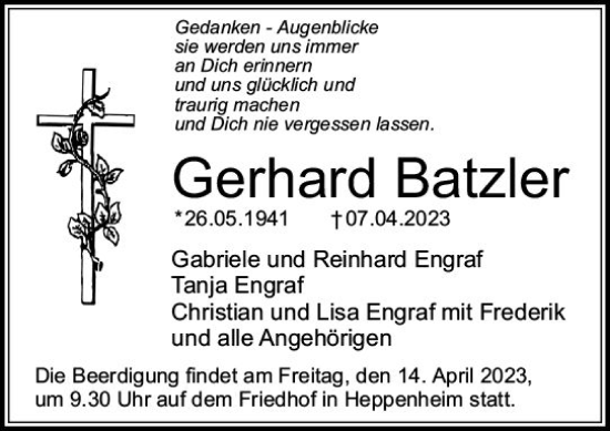 Traueranzeige von Gerhard Batzler von Starkenburger Echo