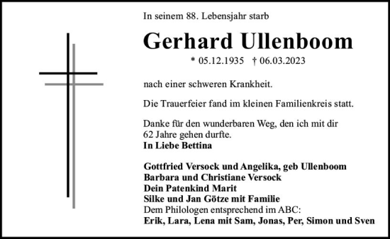 Traueranzeige von Gerhard Ullenboom von Darmstädter Echo