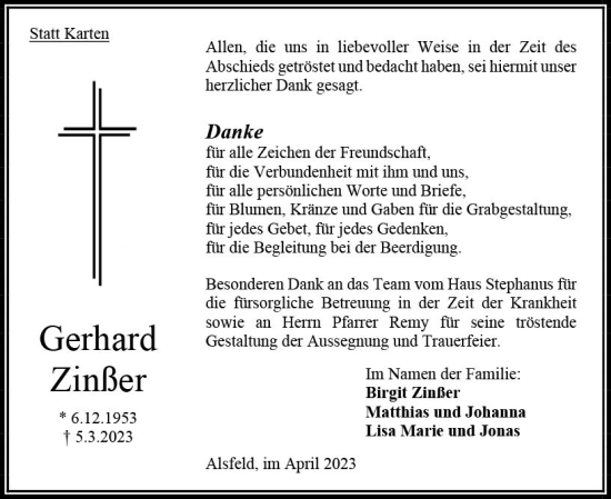 Traueranzeige von Gerhard Zinßer von Oberhessen Kurier