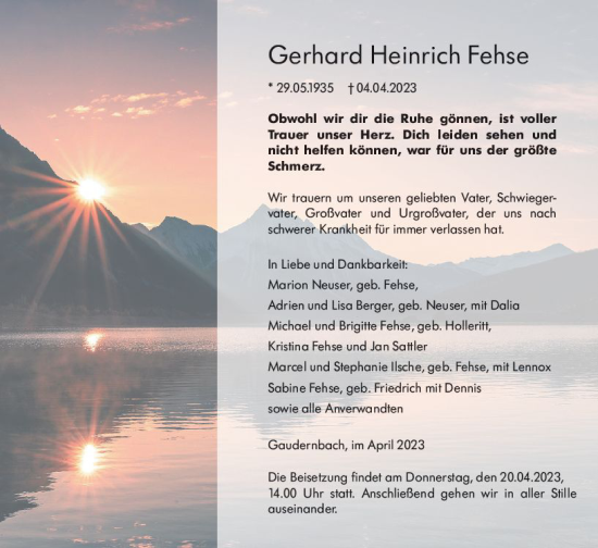 Traueranzeige von Gerhard Heinrich Fehse von Weilburger Tageblatt