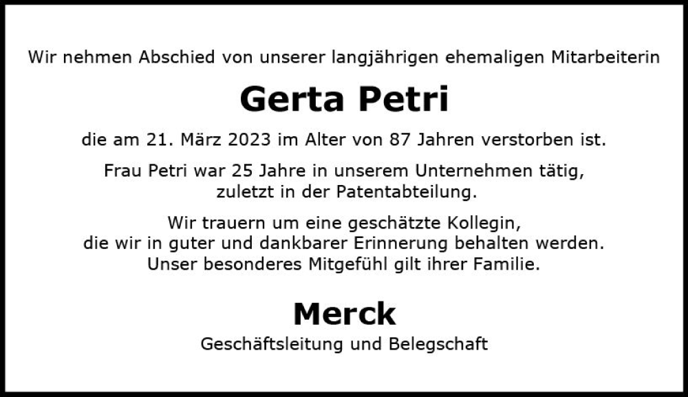  Traueranzeige für Gerta Petri vom 17.04.2023 aus Darmstädter Echo