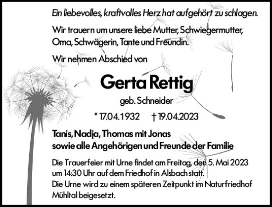 Traueranzeige von Gerta Rettig von Darmstädter Echo