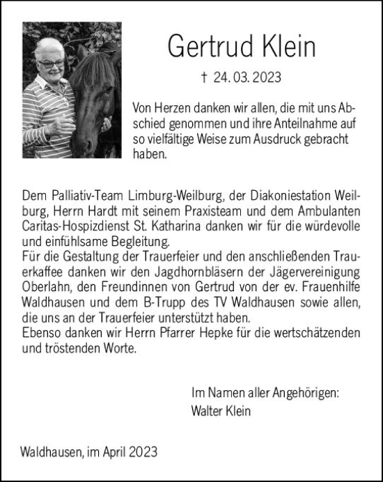 Traueranzeige von Gertrud Klein von Weilburger Tageblatt