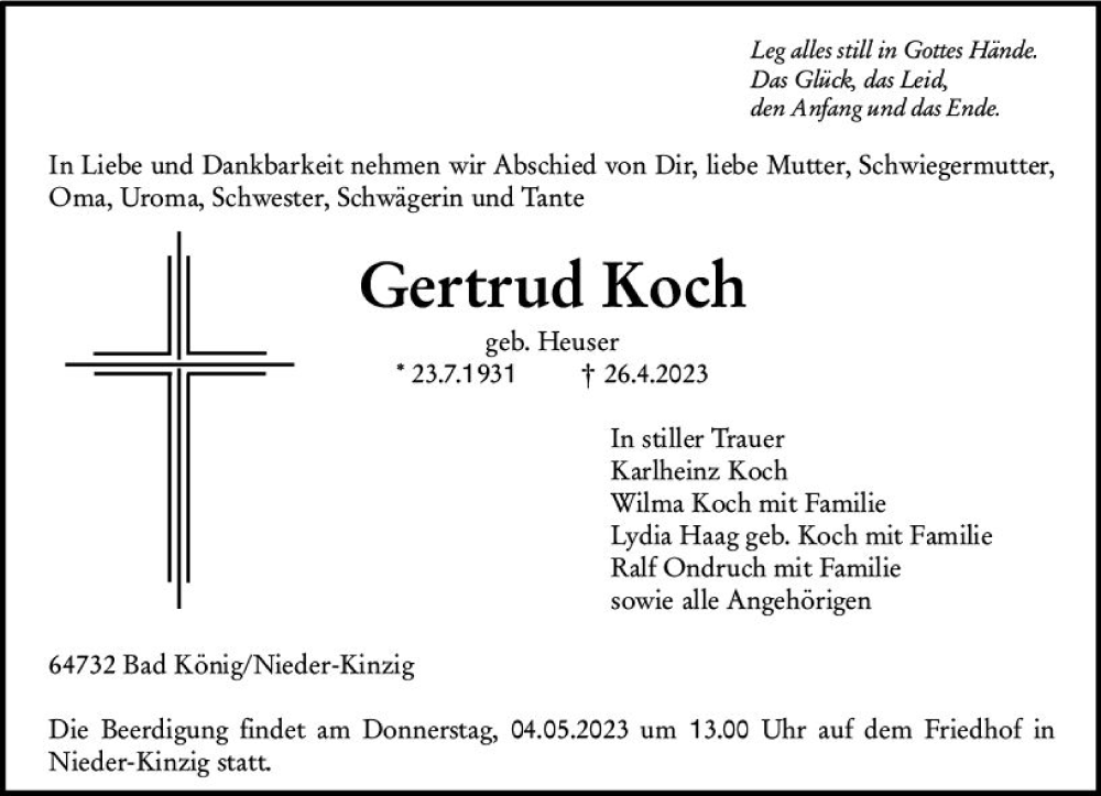  Traueranzeige für Gertrud Koch vom 29.04.2023 aus Odenwälder Echo