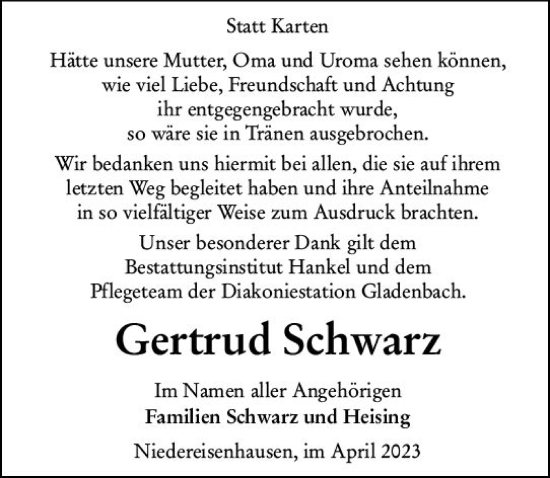 Traueranzeige von Gertrud Schwarz von Hinterländer Anzeiger