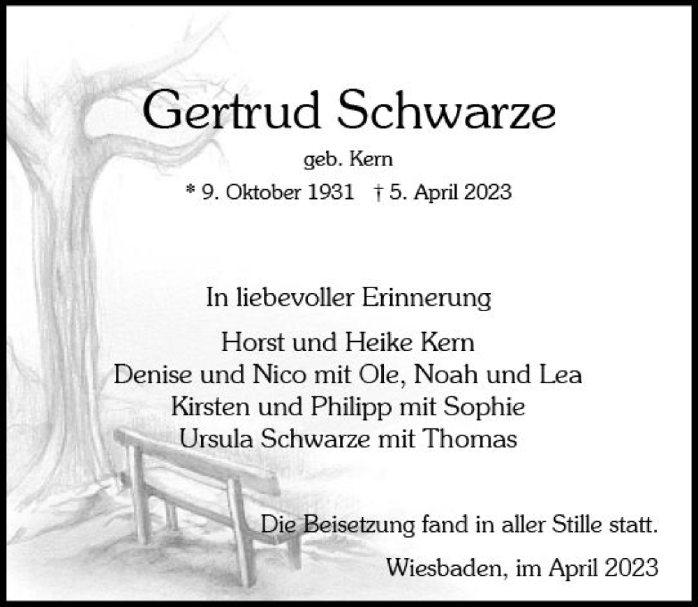  Traueranzeige für Gertrud Schwarze vom 22.04.2023 aus Wiesbadener Kurier