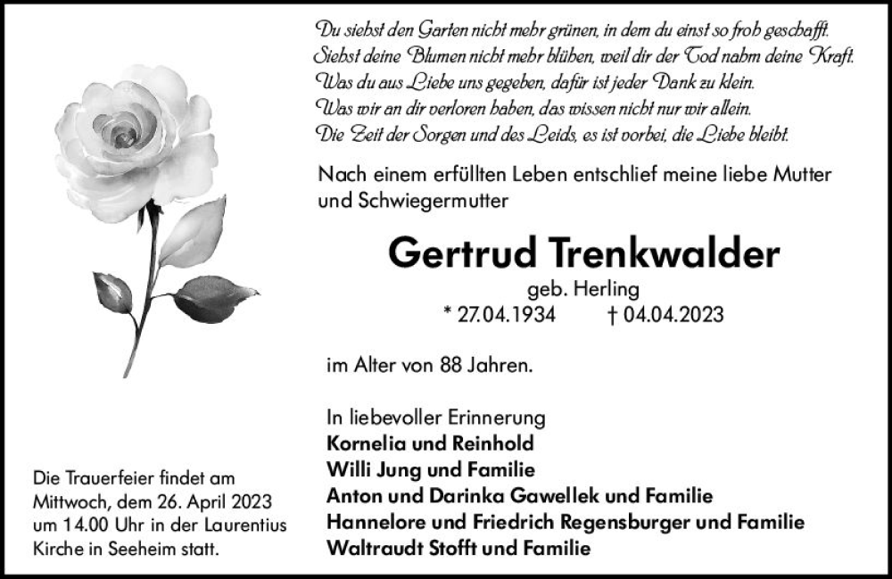  Traueranzeige für Gertrud Trenkwalder vom 15.04.2023 aus Darmstädter Echo