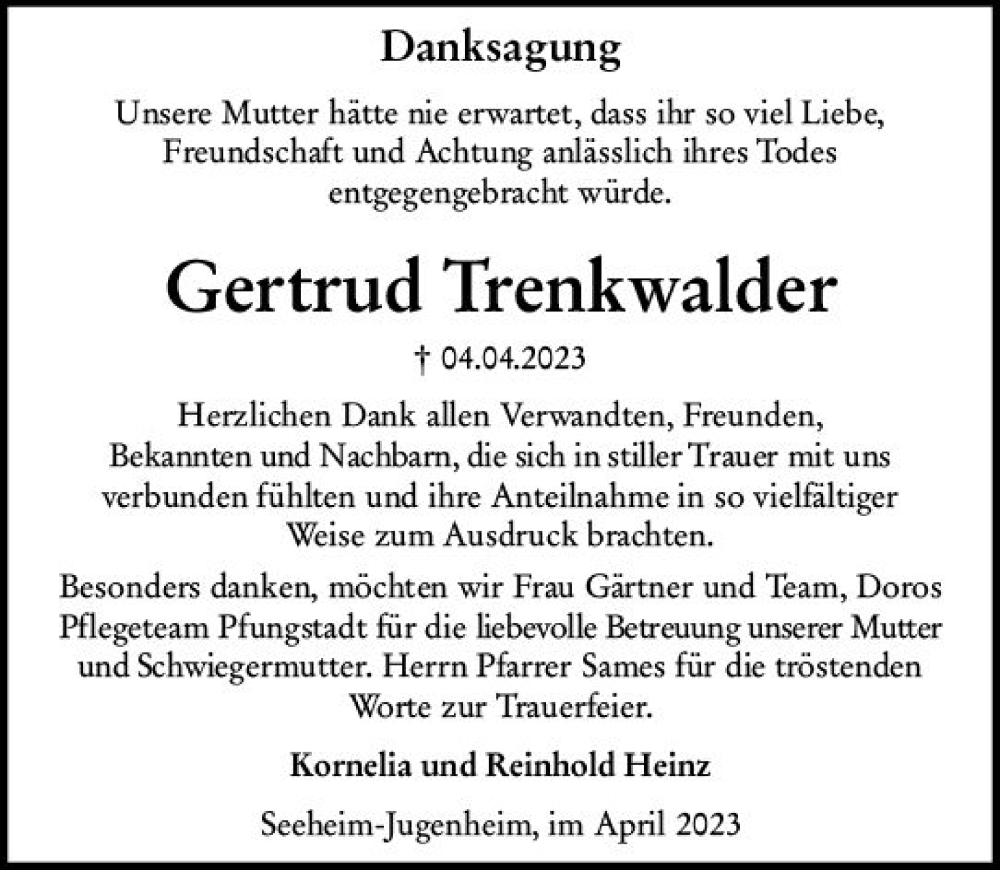  Traueranzeige für Gertrud Trenkwalder vom 29.04.2023 aus Darmstädter Echo