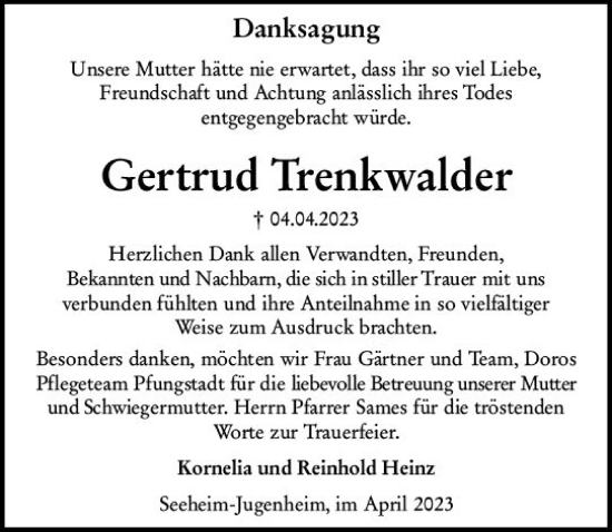 Traueranzeige von Gertrud Trenkwalder von Darmstädter Echo