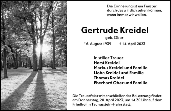 Traueranzeige von Gertrude Kreidel von Wiesbadener Kurier
