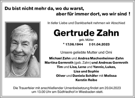 Traueranzeige von Gertrude Zahn von Wiesbadener Kurier