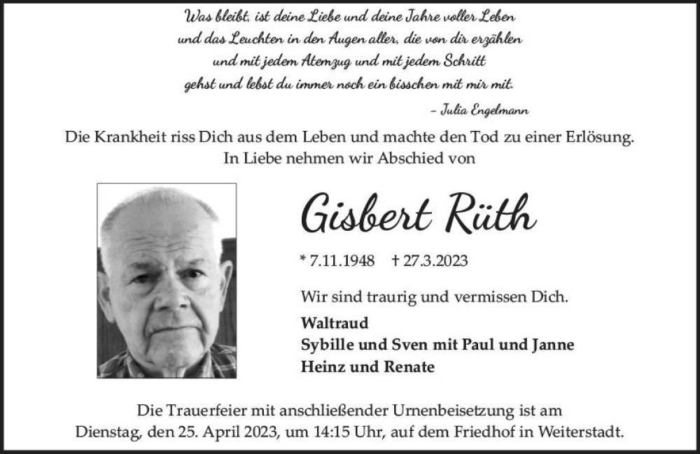  Traueranzeige für Gisbert Rüth vom 15.04.2023 aus Darmstädter Echo