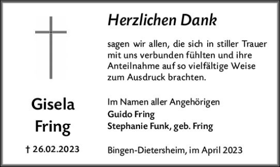 Traueranzeige von Gisela Fring von Bingen/Ingelheim WOBL inkl. Neue Binger Ztg.